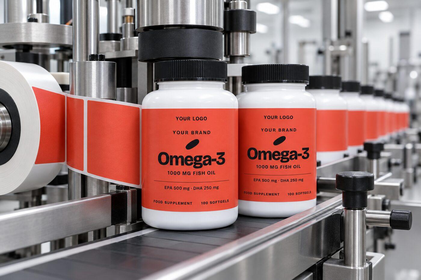 Labelling machine applying YOUR BRAND labels to white bottles