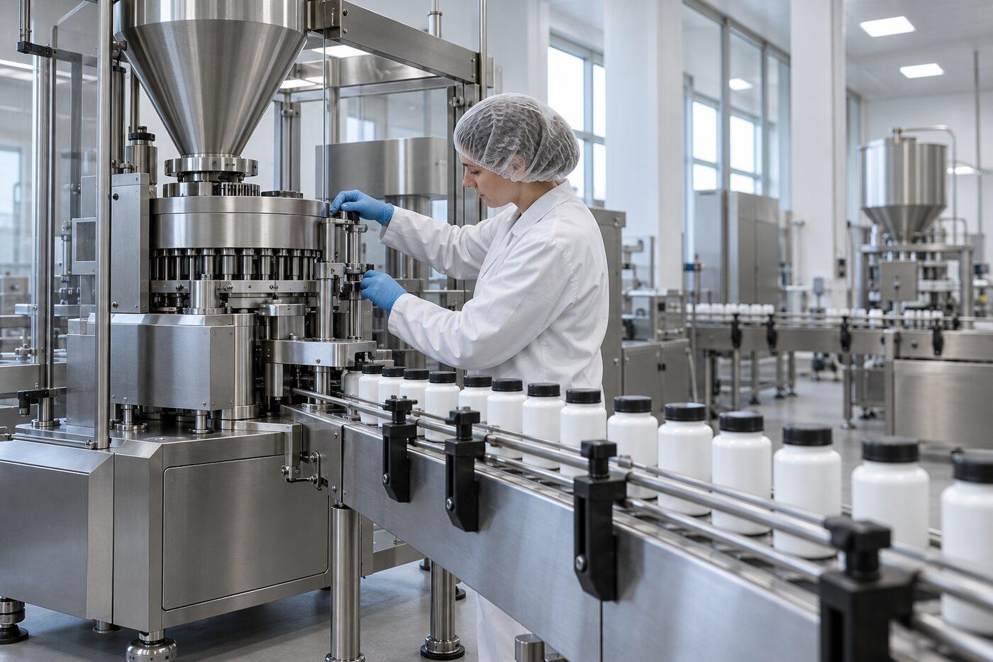 Capsule filling and bottling line in a cleanroom