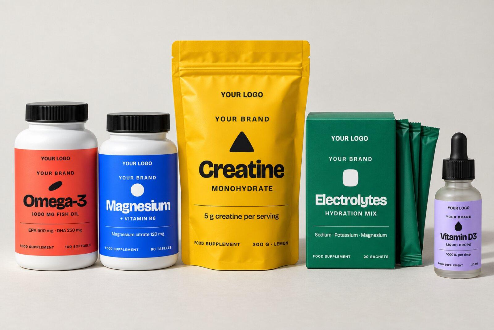 Five white-label supplements made by Fulform: capsules, tablets, a powder pouch, a sachet box and liquid drops, each with a YOUR BRAND label