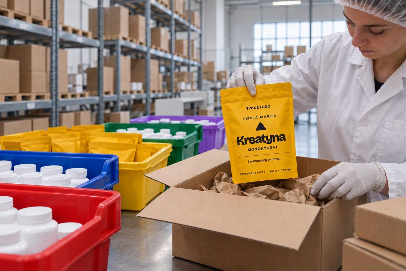 Magazyn fulfillmentu z kolorowymi pojemnikami i stołem do pakowania